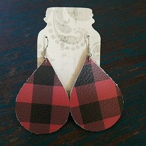 Red/black buffalo plaid leather teardrop earrings